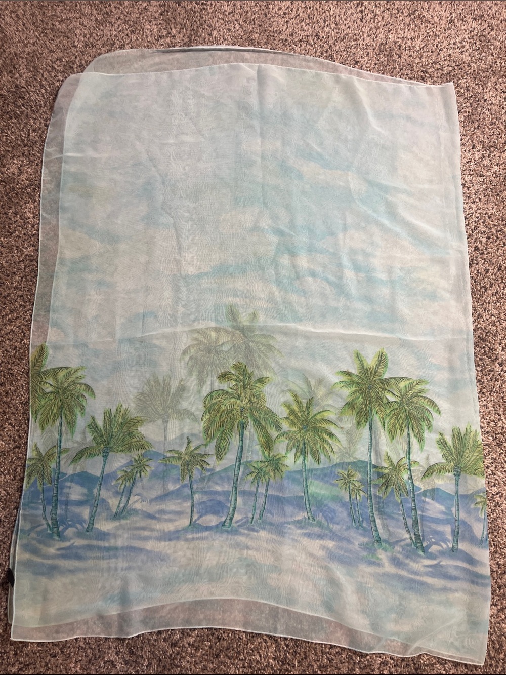 Vintage Sheer Tropical Palm Print Sarong, Light Blue & Green